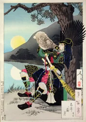 Hideyoshi puhaltaa simpukankuorta, kuun 100 vaihetta -teoksesta,