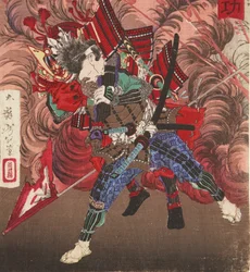 Okubo Hikozaemon pelastaa Tokugawa Ieyasun taistelukentällä, 1881