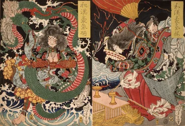 Tawaraya Tda ja lohikäärme sekä Ono no Komachi Praying for Rain sarjasta Valor Kiinassa ja Japanissa, 1868 (värillinen puupalikkaprintti)