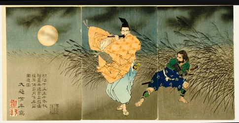 Triptyykki teoksesta "Fujiwara No Yasumasa Playing the Flute by Moonlight", 1883
