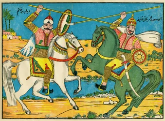 Kalifi Abu Saada Al-Zanatin ja Diab Ibn Ghanemin välinen taistelu Etelä-Egyptissä. Kansanomainen kuvasto, Tunisia