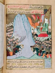 Islam: "Enkeli Gabriel ilmestyy Muhammadille (Muhammad tai Muhammad), joka tuli häntä vastaan Hira-vuorella taistelun aikana, ja välittää hänelle Jumalan sanan ilmoittamalla hänelle osan Koraanista vuonna 610. Profeetan kasvot on peitetty." Miniatyyri