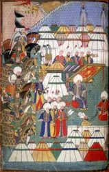 Lala Mustafa Pasha leirillään Karsin voiton jälkeen, kuva "Nusretnamesta", Gelibolulu Mustafa Alin kertomuksesta turkkilaisten Georgian valloituksesta vuonna 1578