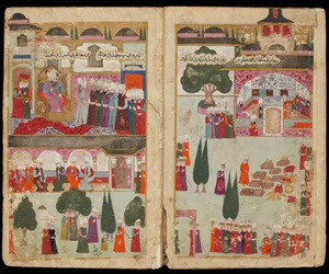 Osmanisulttaani Mehmed III:n (1566-1603) kruunajaiset Topkapın palatsissa vuonna 1595 (käsikirjoituksesta Mehmed III:n sotaretki Unkariin) - noin 1600