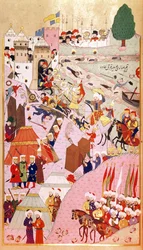 Sulttaani Mehmet II:n hyökkäys Belgradiin "Valloittaja" (1432-1481), teoksesta "Hunernama" (Ms Hazine. 1524)
