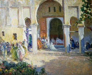 Pashan tuomio, Fes 1924, Ulisse Caputon (1872-1948) maalaus, 80x100 cm, Italia, 1900-luku