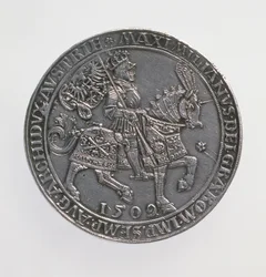 Keisari Maksimilian I:n (1493-1519) kruunajaiskaksoisguldiner, Antwerpenin rahapaja, vuoden 1509 kolikon uusintalyönti, 1517 (etupuoli)