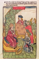 Luxemburgin keisari Sigismund (1367-1437) vastaanottaa unkarilaisten alamaistensa kunnianosoituksen 1483 (värillinen puupiirros) (katso myös 316982)