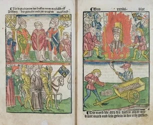 Jan Hus poltettiin roviolla Konstanzin kirkolliskokouksessa, "History of the Constance of the Constance", julkaistu 1483