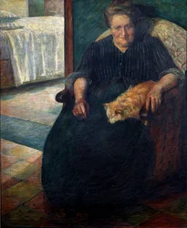 Madame Virginie. Muotokuva kookkaasta istuvasta naisesta kissa polvillaan. 1905. Mitat: 140 x 115,5 cm. Milano, Museo del Novecento