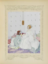Heti kun hän tunnisti hänet, hän heittäytyi hänen jalkojensa juureen, kuvitus teoksesta "Contes du Temps Jadis" tai "Tales from Times Past", s. 48