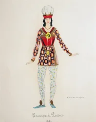 Giacomo Puccinin Turandotin Persian prinssin asu, Umberto Brunelleschin (1879-1949) luonnos oopperan ensiesitykseen Teatro alla Scalassa Milanossa, 25. huhtikuuta