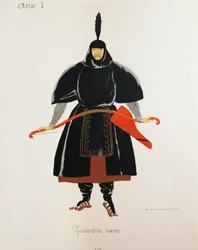 Puku Giacomo Puccinin Turandot-oopperan mustille vartijoille, Umberto Brunelleschin (1879-1949) luonnos oopperan kantaesitykseen Milanon Teatro alla Scalassa, 25. huhtikuuta