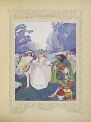 Paimenet ja paimentyttäret tanssivat huilujen ja säkkipillien soidessa, kuvitus teoksesta "Contes du Temps Jadis" tai "Tales from Times Past", s.74
