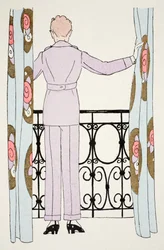 Nainen housupuvussa ikkunassa (pochoor print)