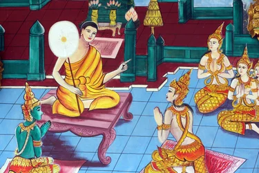 20151029, Vientiane, Laos : Wat Inpengin buddhalainen temppeli. Shakyamuni Buddhan elämäntarinaa kuvaava maalaus