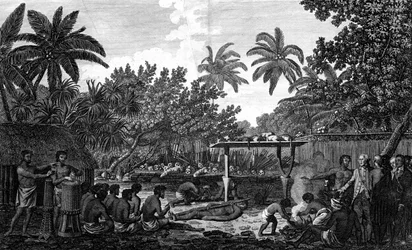 Ihmisuhri Moraissa Otaheitessa kapteeni Cookin läsnäollessa, c1773