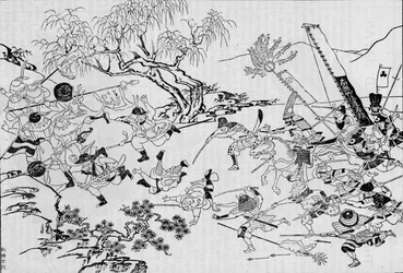 Japanilaisen taiteilijan kuva Japanin hyökkäyksestä Koreaan vuonna 1592 1907