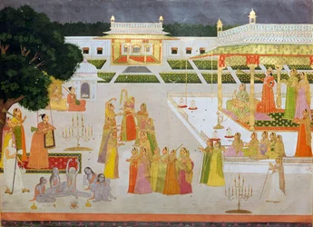 Mughal-maalaus prinsessasta ja hänen naisistaan juhlimassa Diwalia