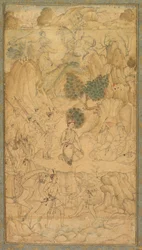 Prinssi vierailemassa pyhän miehen luona kivisessä maisemassa, n. 1590.