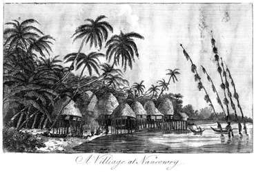 Kylä Nancowryssa, Nicobarsaarilla, 1799