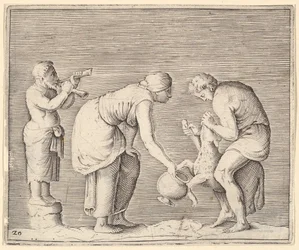 Nainen kerää verta lampaalta, julkaistu n. 1599-1622.
