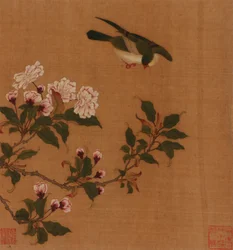 Kukkivien oksien päällä leijuva lintu, Qing-dynastia, 1700-luku.