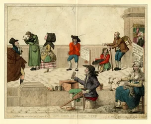 Pont Neufin kulma Pariisissa, ontuvien kerjäläisten ja katukauppiaiden kanssa, noin 1813.