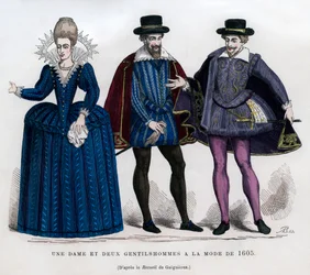 Nainen ja kaksi herraa ranskalaisessa mekossa 1605 1882-1884