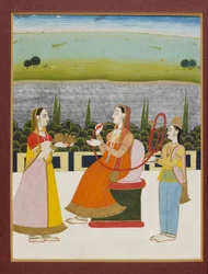 Terassilla tupakoiva nainen, kahden hoitajan kanssa, 1800-luku 1801-1900