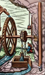 Kaivos, jota tyhjennetään ketjupumpulla, joka toimii ylikuormitetulla vesipyörällä, 1556