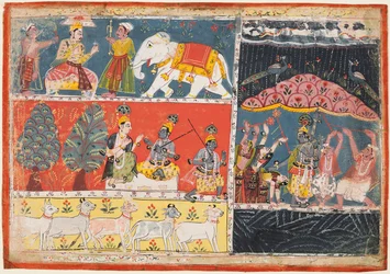 Sivu Bhagavata Puranalta: Indra lähettää sadevirran, Krishna nostaa Govardhana-vuoren, 1686.