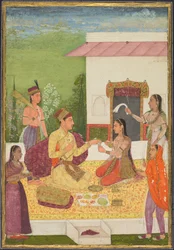 Prinssi keskustelee naisen kanssa nauttien virvokkeita terassilla recto..., c. 1710-1720.