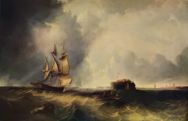 Laiva ja miehet soutuveneessä Calais