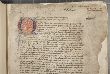 Marcus Tullius Ciceron filosofisten teosten transkriptio, kolmessa kädessä, ilmeisesti otettu vuoden 1471 editio romanasta, marginaalit Archibald Whitelawin ja muiden käsissä, n. 1480 (muste pergamentille)