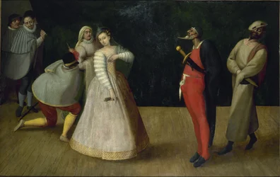 Ryhmä italialaisia koomikkoja I Gelosi, n. 1580.