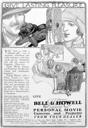 Mainos Bell & Howell -henkilökohtaisista elokuvakameroista ja -projektoreista, 1920-luku