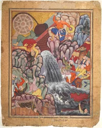 Alamshah halkeilee pyörän ketjun alta, Hamza-nama...n osasta 11, n. 1560-1570