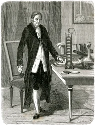 Alessandro Volta, italialainen fyysikko, esittelee sähköpaalakkuaan, c1800 c1870