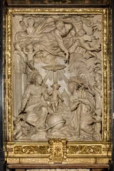 Pyhän Joosefin alttari tai Pyhän perheen alttari, korkea reliefi, Giacomo Bertesi 1668, Santa Maria Assuntan katedraali, katedraali, Cremona, Lombardia, Italia (kuva)