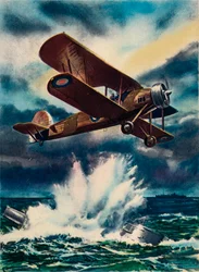 Taiteilijan vaikutelma Fairey Swordfishista, joka upottaa U-veneen Pohjanmerellä, 1940
