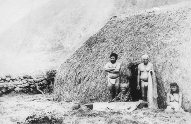 Vanha nainen hakkaa tapaa pilin ruohotalon edessä, Kalaupapa, Havaiji, 1800-luku
