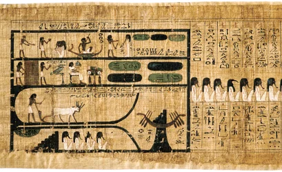 Muinainen Egyptiläinen kuolleiden kirja papyruksella, jossa on kirjoitetut hieroglyfit