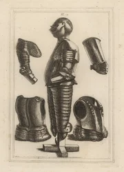Vanha, kirkas haarniskapuku John de Courcylle, Earl of Ulster 1:lle ja pauldronille, garde-messingille, avant-messingille tai Duke of Monmouthin vambracelle