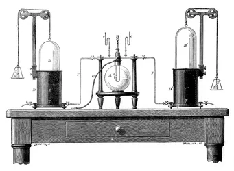 Antoine Lavoisier -laite veden syntetisoimiseksi vedystä vasemmalla ja hapesta oikealla, 1881