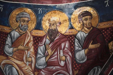 Apostolien esitys Kristuksen ja viimeisen tuomion ympärillä Yksityiskohta bysanttilaisesta freskosta Asinoun kirkon Narthex-holvista Viimeinen tuomiokohtaus 1300-luku (1332) UNESCO, maailman kulttuuriperintökohde Troodoksen alue, Kypros