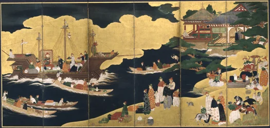 Portugalilaisen laivan saapuminen. Nanban-näyttö, n. 1600