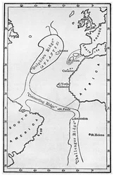Atlantis: kartta, joka näyttää myyttisen mantereen sijainnin, c1882 1956