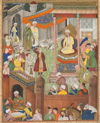 Babur saa saaliin ja Humayuns tervehdys voiton jälkeen sulttaani Ibrahimista..., c. 1596-1597 tai
