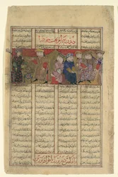 Bahram Chubina tapaa naisen, joka ennustaa kohtalonsa, Folion Shahnamasta..., noin. 1330-40.